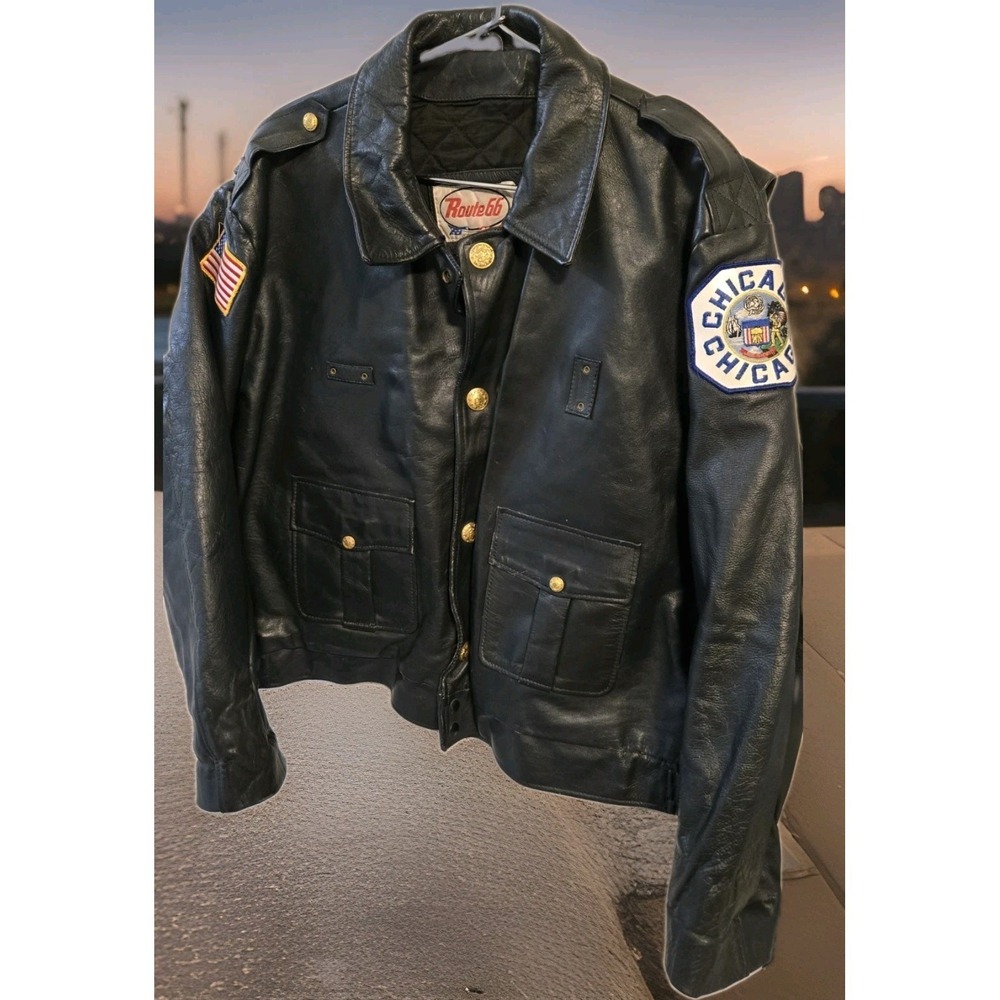 Vintage Route 66 Leather Jacket Sz 50 L-2XL Chicago USA Patch Black Bomber